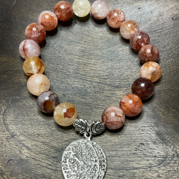 Natural Red Hematoid "Fire" Quartz 10mm with Silver Spacers and Leaf Cha… - Picture 5 of 7